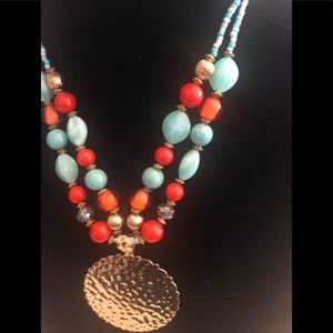 Blue/Orange Beaded Medallion Necklace